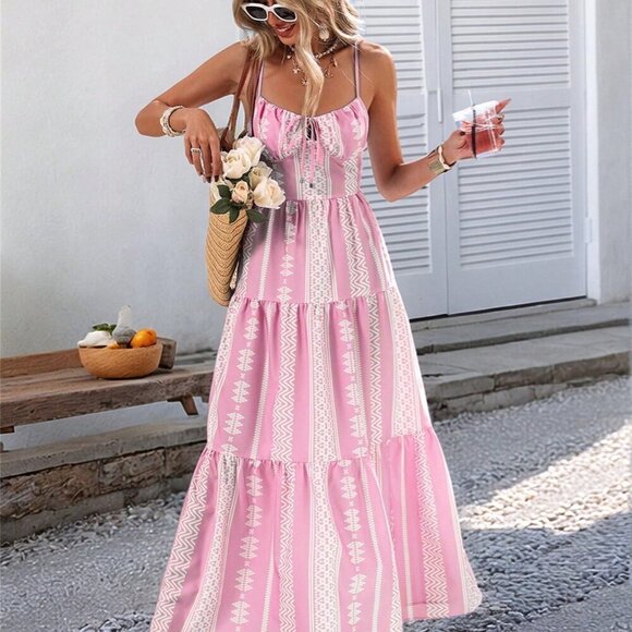 Pink Boho Women's Woven Print Spaghetti Strap Long Dress - Picture 3 of 6